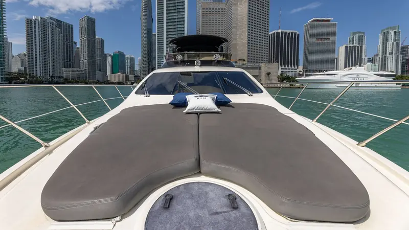 Bow sunpad of the Azimut L'chaim facing downtown Miami