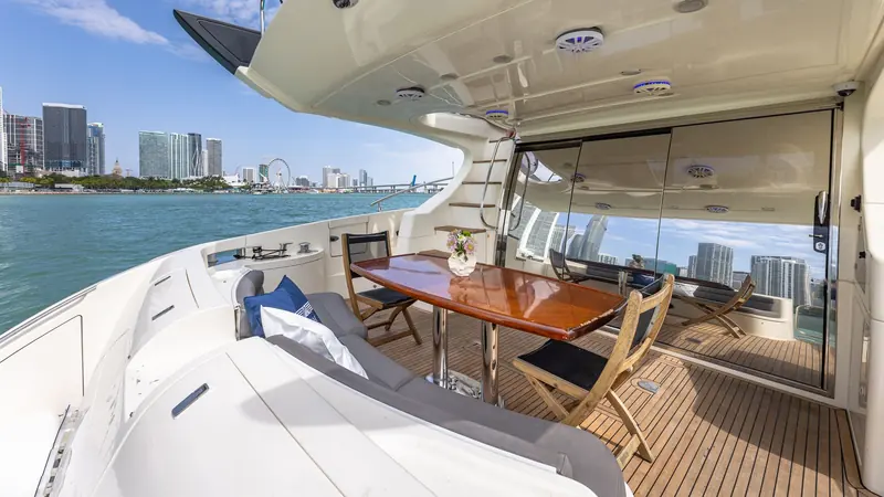 Aft deck dining area of the Azimut L'chaim in downtown Miami