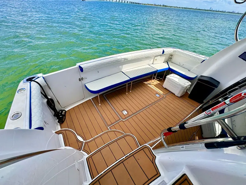Aft deck seating on the Isabella 48 yacht, ready for guests in Miami