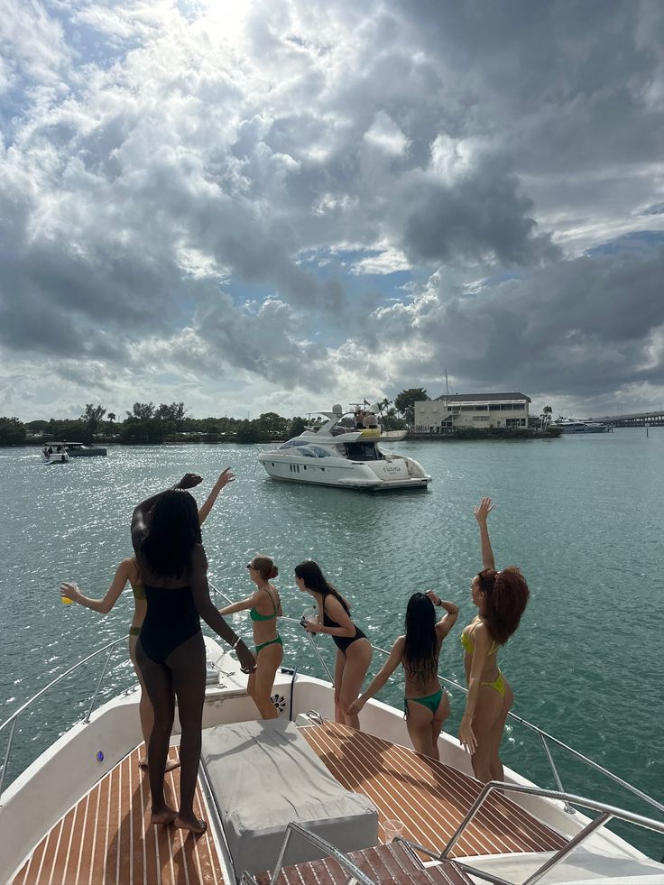 Friends on a bachelorette boat day in Biscayne Bay Miami