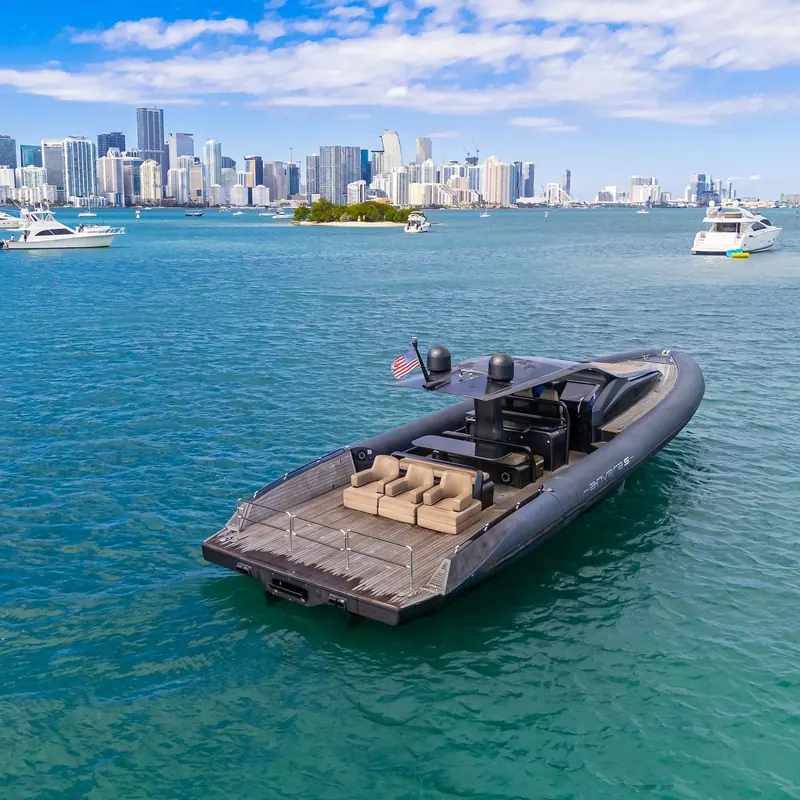 62-foot Anvera at anchor with the Miami skyline behind