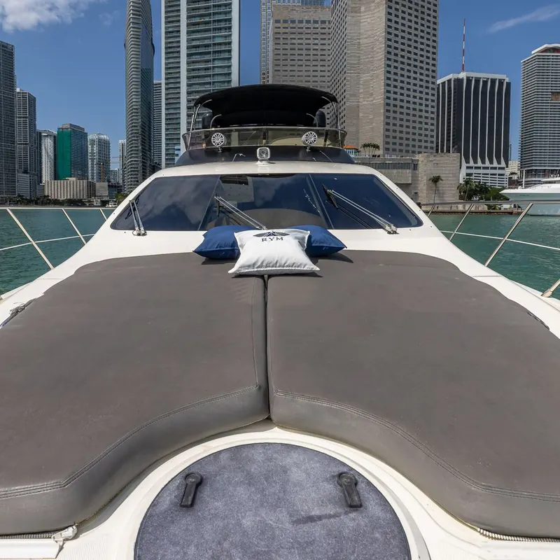 Bow sunpad of the Azimut L'chaim in downtown Miami